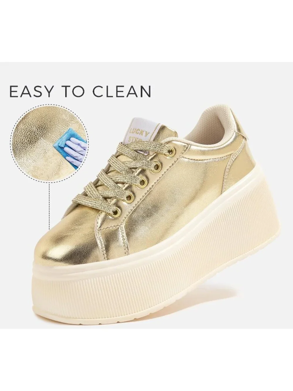 🆕LUCKY STEP Women's Gold Platform Wedge Canvas Sneakers Walking Shoes